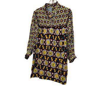 yvonne's Hand made fabulous tile print brown yellow print tunic dress XS